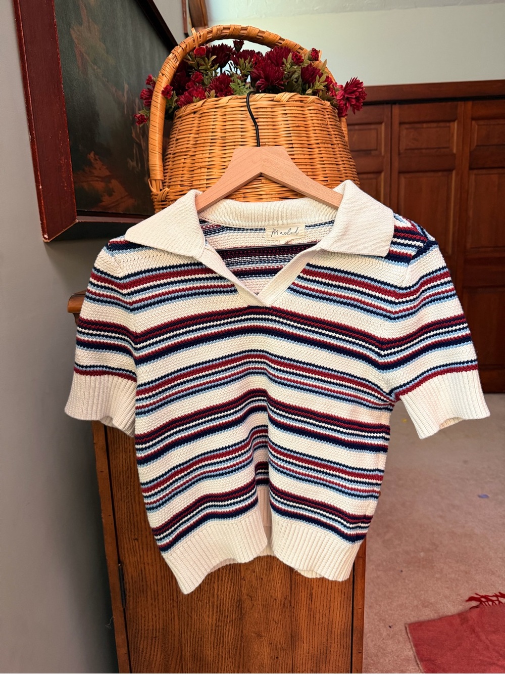 Marled Striped Polo Knit Top in Cream, Navy & Red